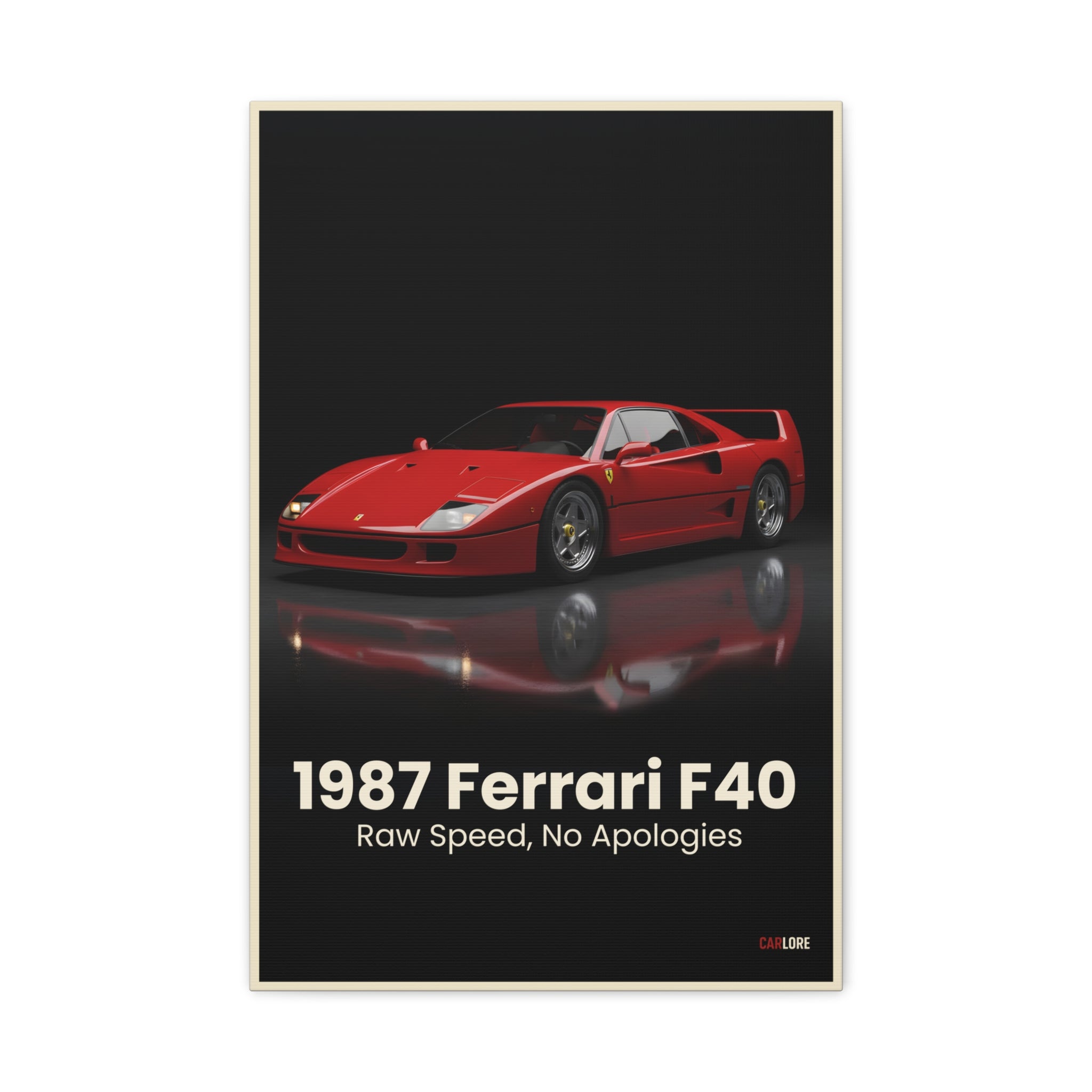 Framed poster of a red Ferrari F40 with text on a black background