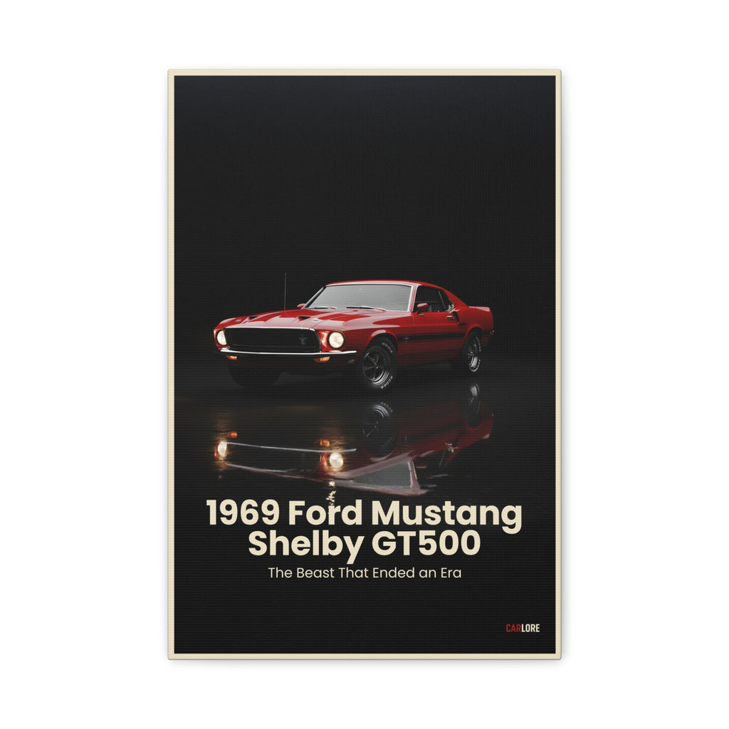 Poster of a red 1969 Ford Mustang Shelby GT500 on a black background