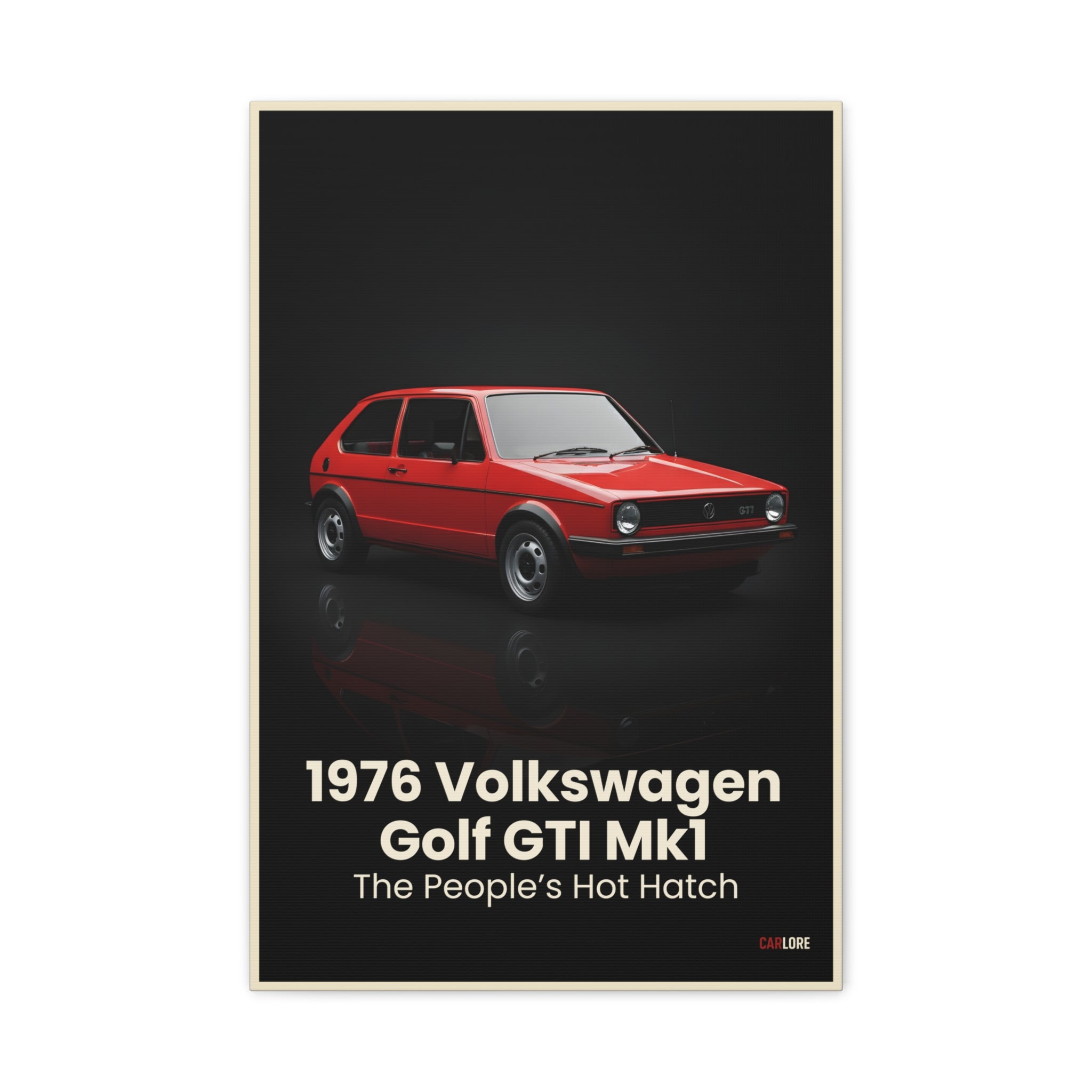 Poster of a red 1976 Volkswagen Golf GTI Mk1 on a black background