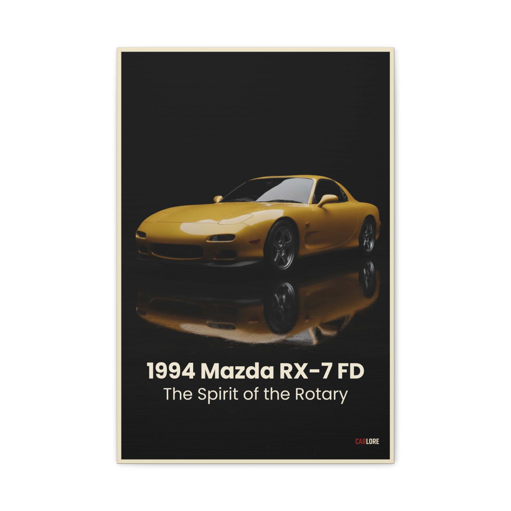 Poster of a yellow 1994 Mazda RX-7 FD on a black background with text.