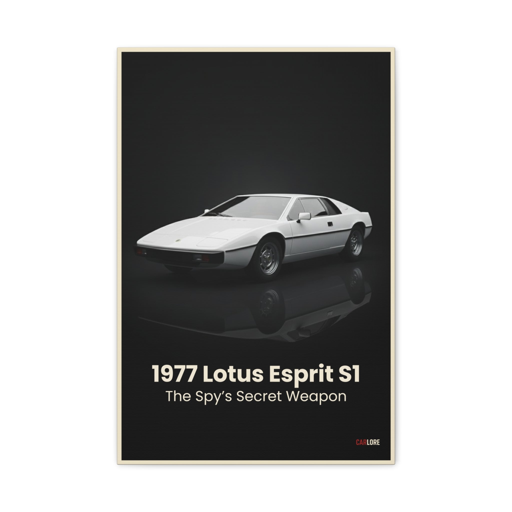 Poster of a 1977 Lotus Esprit S1 car on a black background