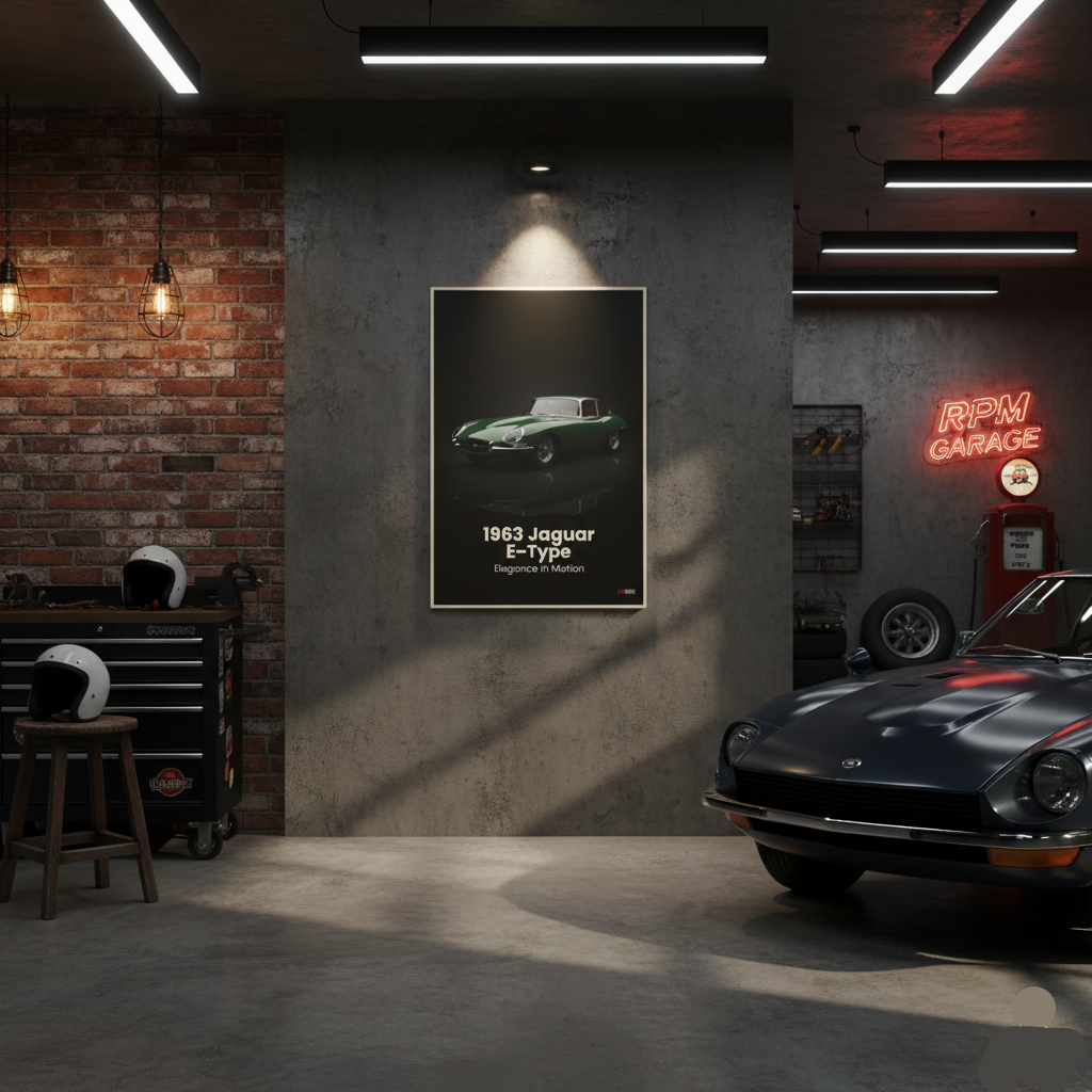 Garage interior with a framed poster of a 1963 Jaguar E-Type and a neon 'RPM Garage' sign.