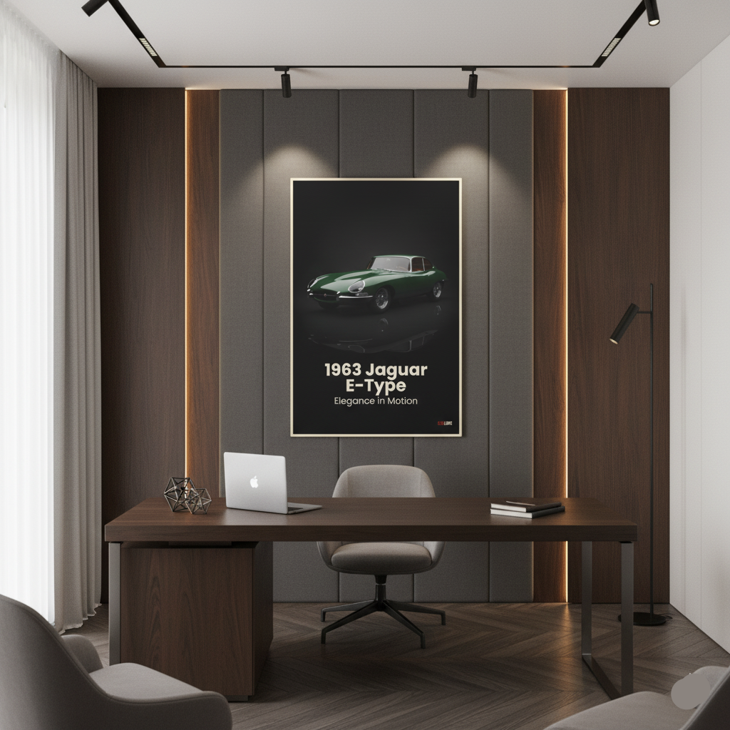 Modern office interior with a desk, chair, and framed poster of a 1963 Jaguar E-Type on the wall.
