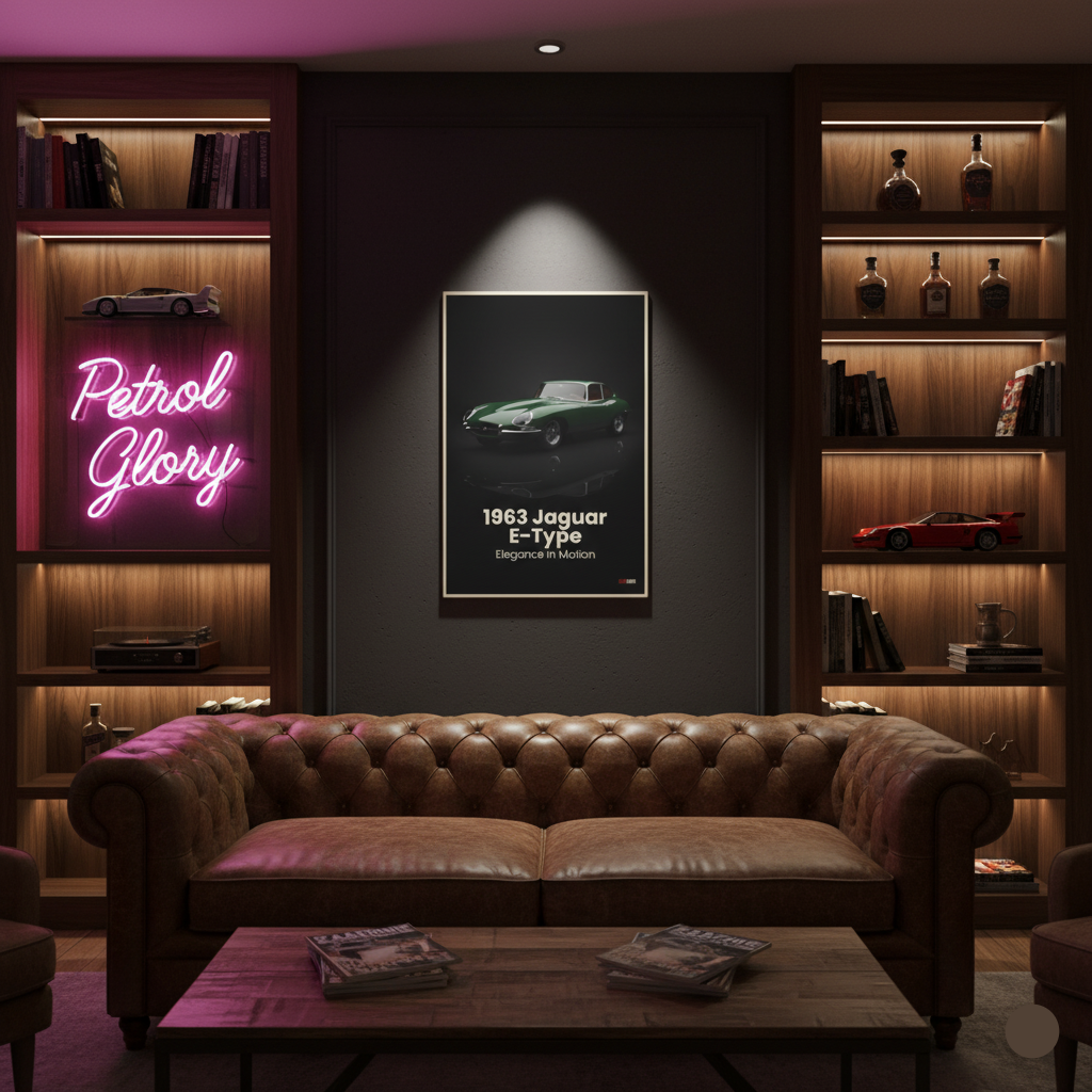 Living room with a brown leather sofa, bookshelves, and framed poster of a 1963 Jaguar E-Type.
