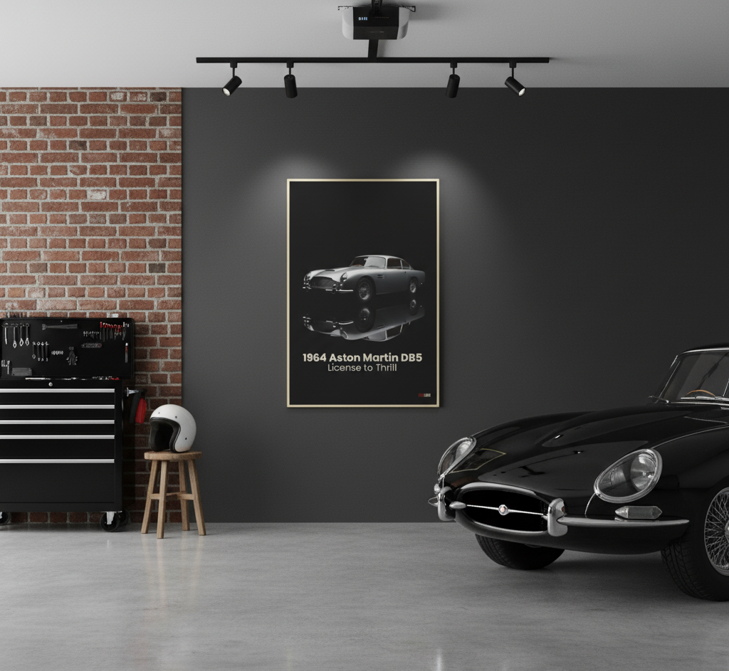 Vintage car displayed in a room with a framed poster of an Aston Martin DBS on the wall.
