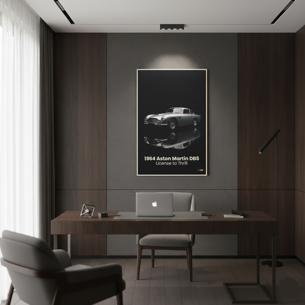 Modern office interior with a desk, chair, and framed Aston Martin DB5 poster on the wall.
