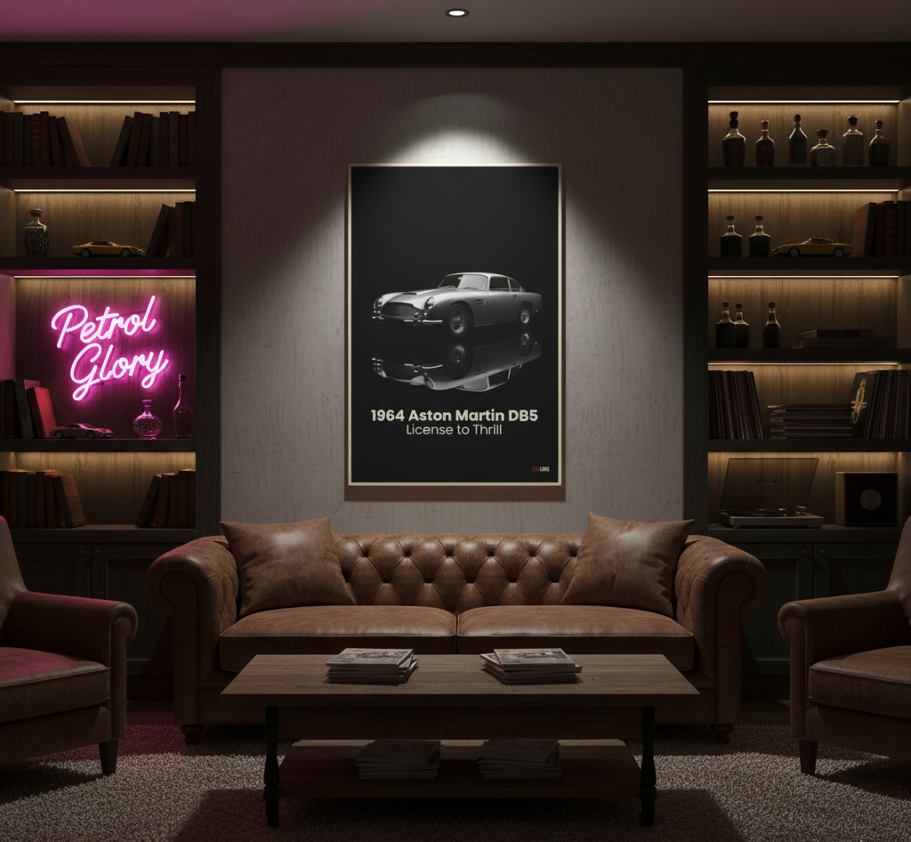 Modern living room with a brown leather sofa, wooden coffee table, and wall art of an Aston Martin DB5.