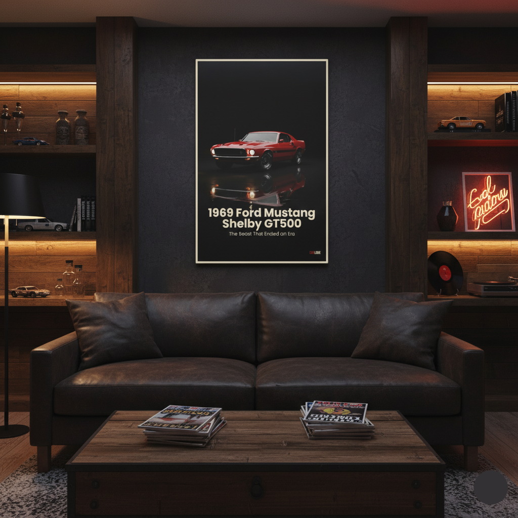 Living room with a black leather sofa, wooden coffee table, and framed poster of a red Ford Mustang Shelby GT500 on the wall.