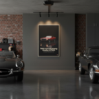 Garage interior with a framed poster of a 1969 Ford Mustang Shelby GT500 on a gray wall.