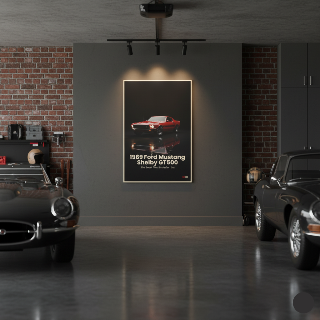 Garage interior with a framed poster of a 1969 Ford Mustang Shelby GT500 on a gray wall.