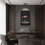 Modern office interior with a desk, chair, and framed poster of a 1969 Ford Mustang Shelby GT500.