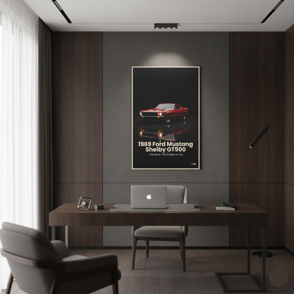 Modern office interior with a desk, chair, and framed poster of a 1969 Ford Mustang Shelby GT500.