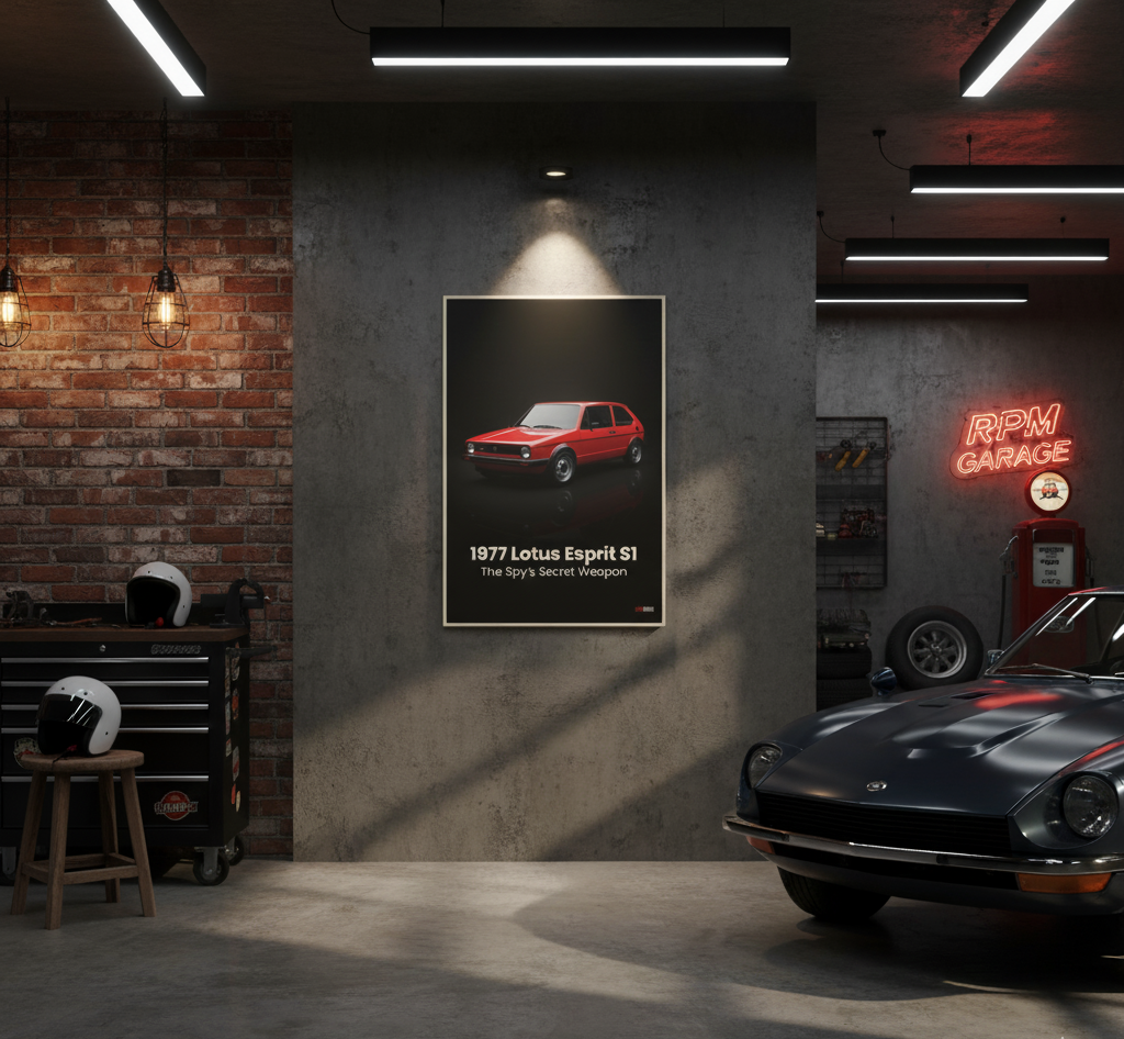Garage interior with a framed poster of a red car and neon sign on the wall.