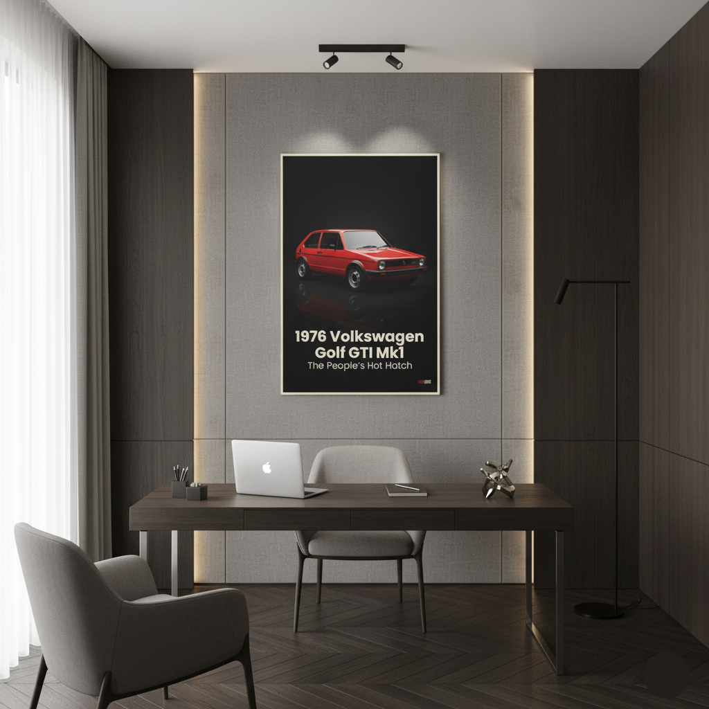 Modern office interior with a desk, chair, and framed poster of a red Volkswagen Golf GTI Mk1.