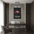 Modern office interior with a desk, chair, and framed poster of a red Volkswagen Golf GTI Mk1.