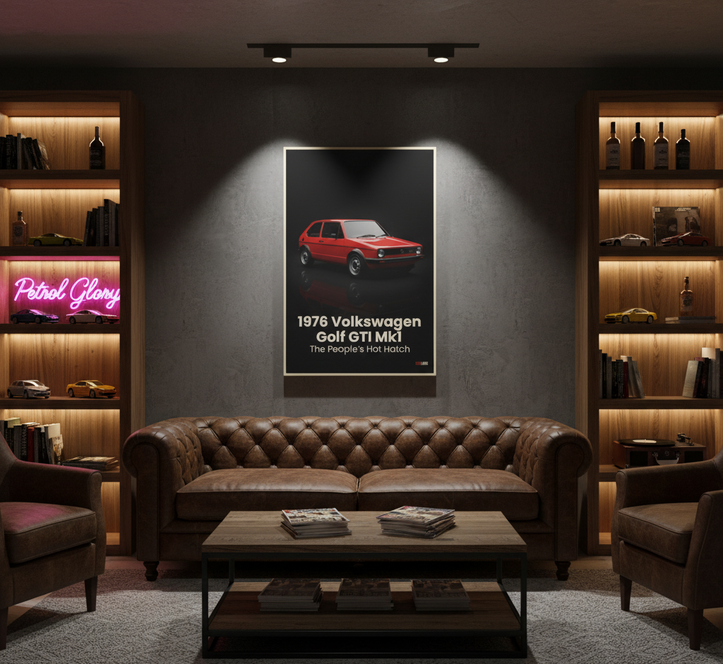 Modern living room with a brown leather sofa, wooden coffee table, and wall art of a red Volkswagen Golf GTI Mk1.