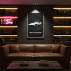 Living room with a brown leather sofa, coffee table, and framed poster of a 1977 Lotus Esprit S1.