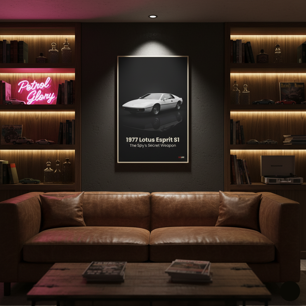 Living room with a brown leather sofa, coffee table, and framed poster of a 1977 Lotus Esprit S1.