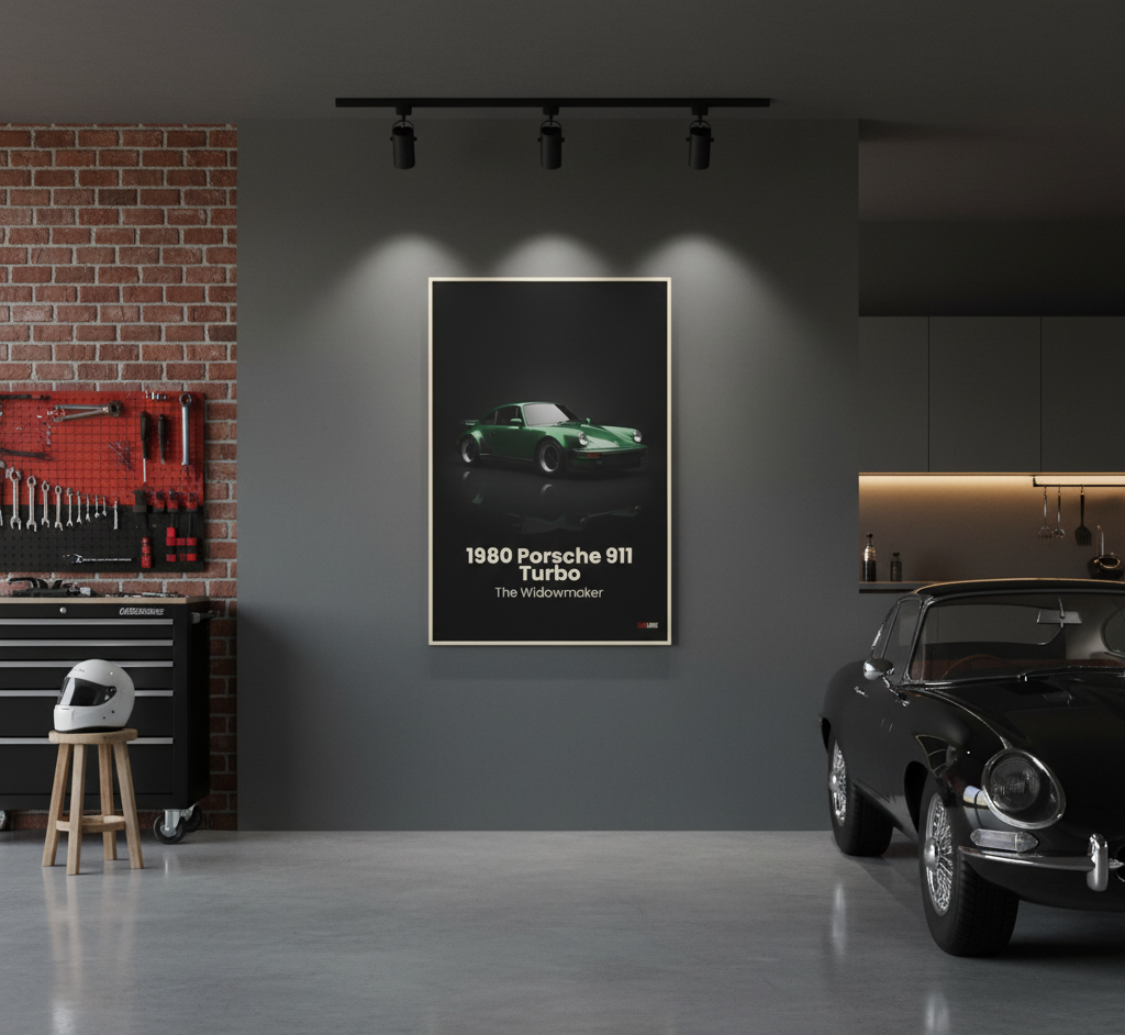 Modern garage interior with a framed poster of a Porsche 911 Turbo on the wall.