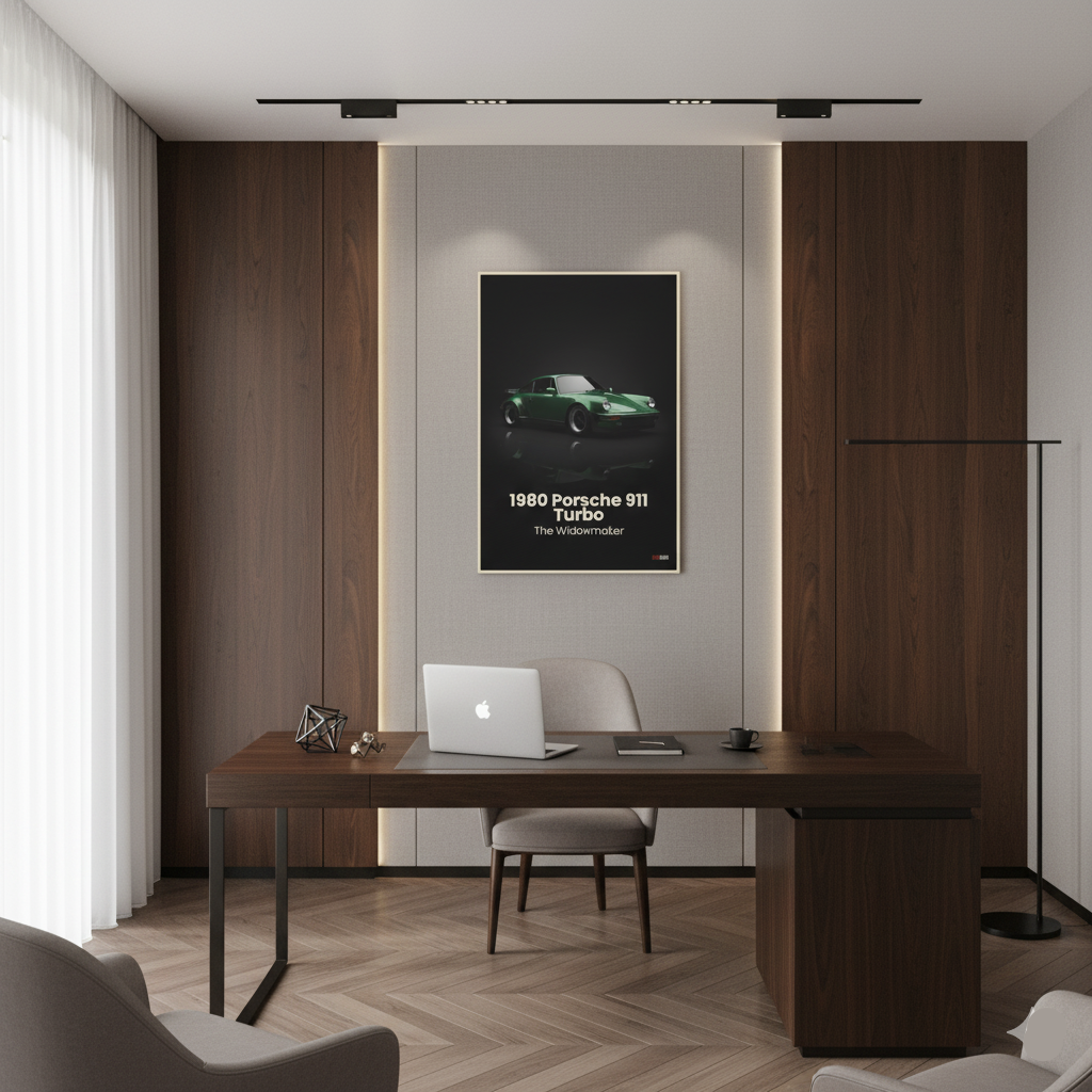 Modern office with wooden desk, chair, and framed poster on wall.