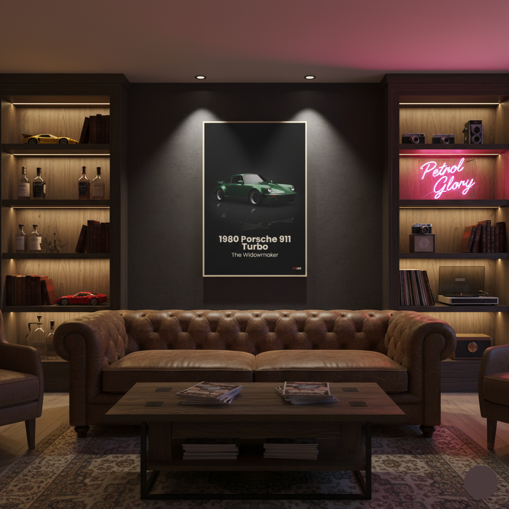 Modern living room with a brown leather sofa, coffee table, and bookshelves.