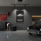 Garage interior with a framed poster of a BMW 325is on the wall, tools, and a car.