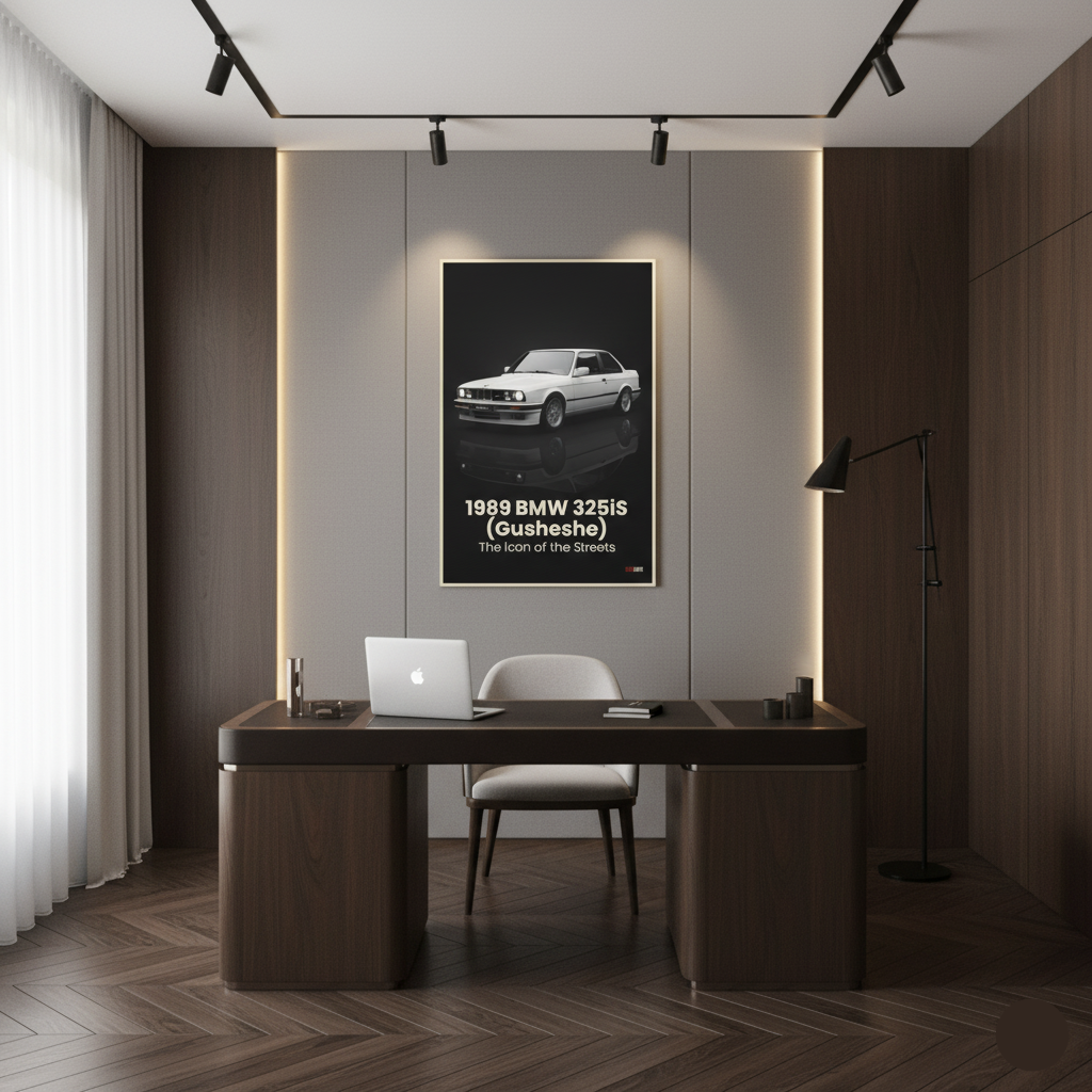 Modern office with a desk, chair, and framed poster of a 1989 BMW 325iS on the wall.