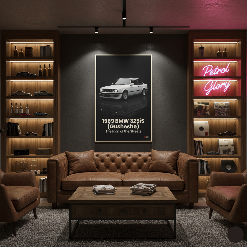 Modern living room with brown leather sofa, wooden coffee table, and bookshelves with neon sign.
