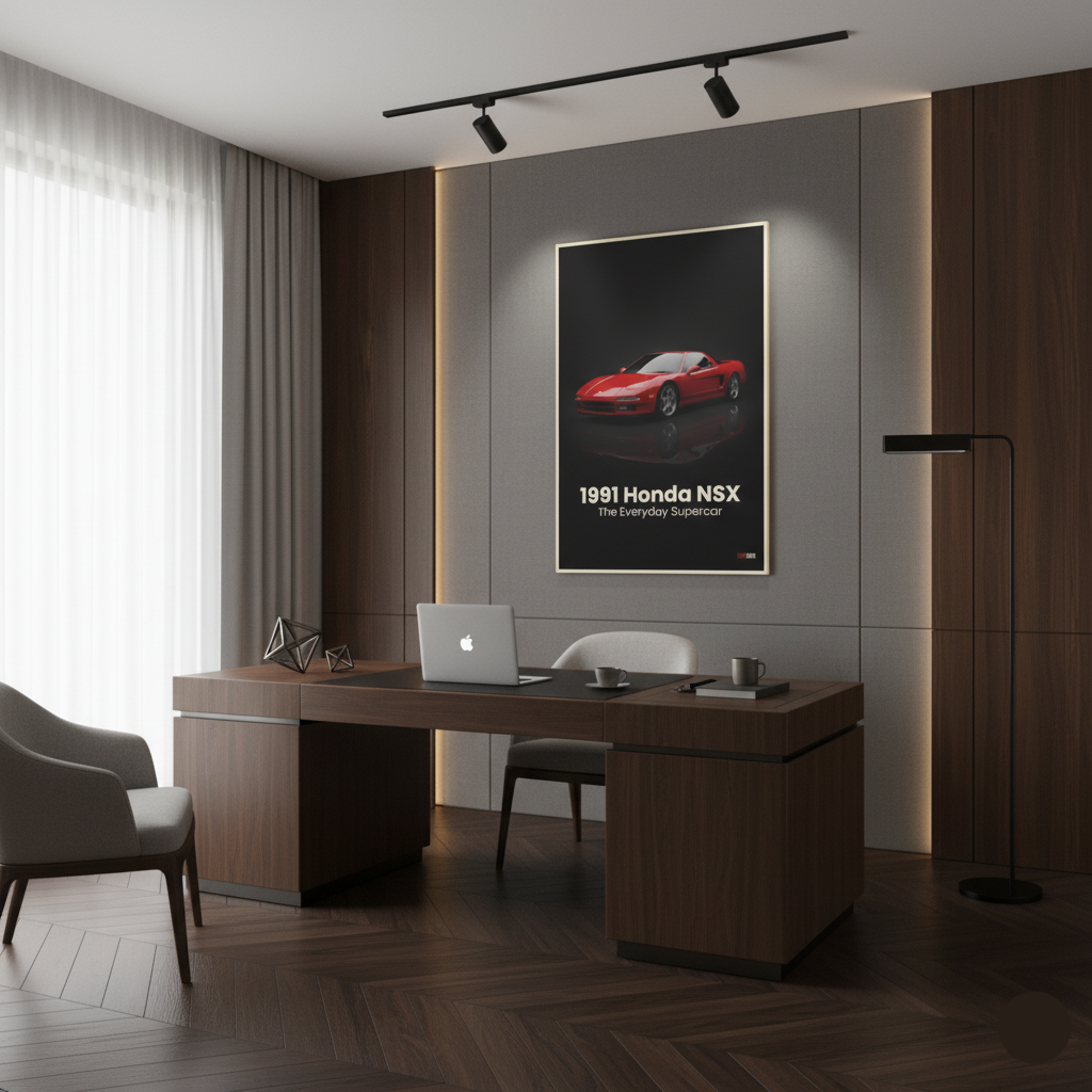 Modern office with a desk, chair, and framed poster of a red car on the wall.