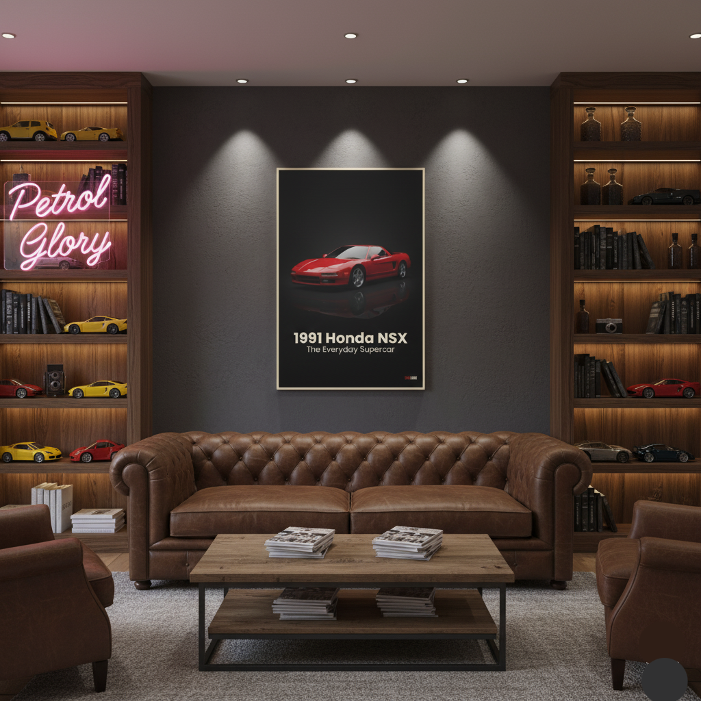 Living room with brown leather sofa, wooden coffee table, and framed picture of a red car on the wall.
