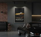 Poster of a yellow Mazda RX-7 FD on a dark wall in a garage with a black car.