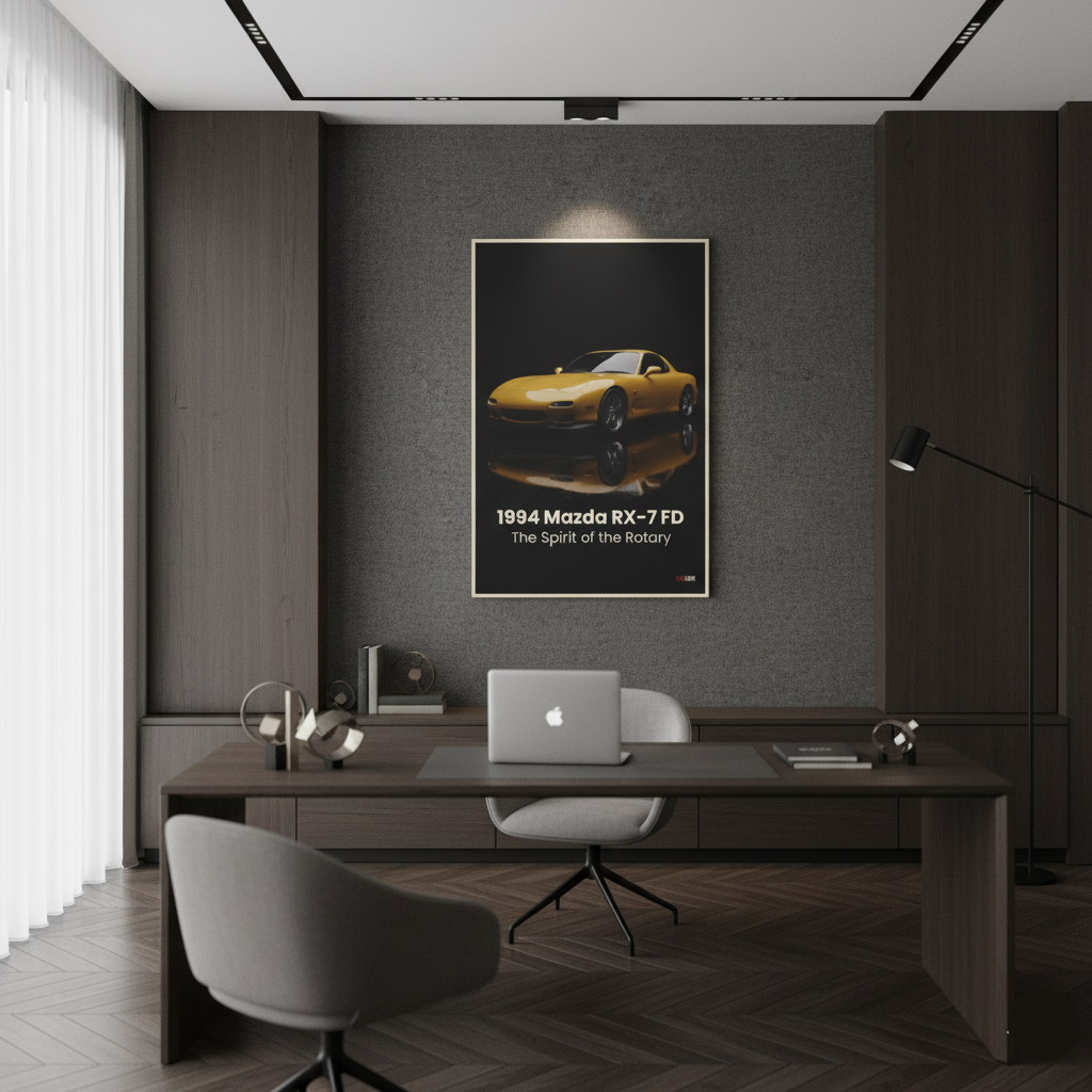 Modern office with a desk, chair, and framed picture of a car on the wall.