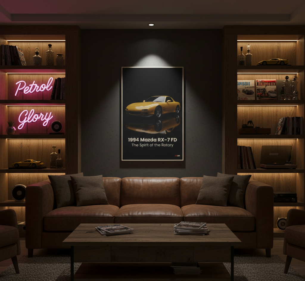 Modern living room with a brown leather sofa, wooden coffee table, and shelves with neon signs and car poster.