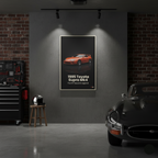 Garage interior with a framed poster of a 1995 Toyota Supra Mk4 on the wall.