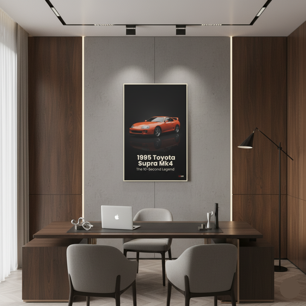 Modern office interior with a desk, chairs, and a framed poster of a 1995 Toyota Supra Mk4 on the wall.
