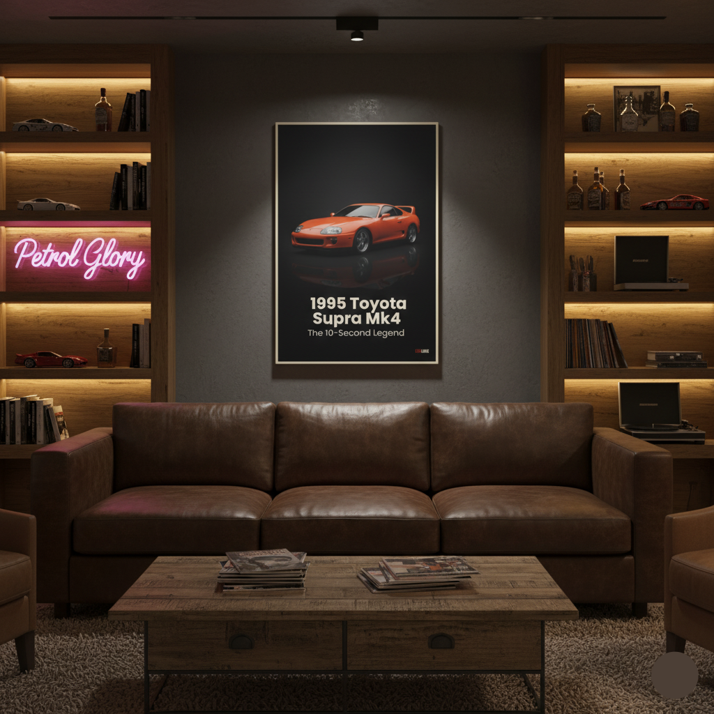 Living room with a brown leather sofa, wooden coffee table, and framed poster of a 1995 Toyota Supra MK IV.