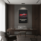 Modern office interior with a desk, chair, and framed poster of a red Lamborghini on the wall.