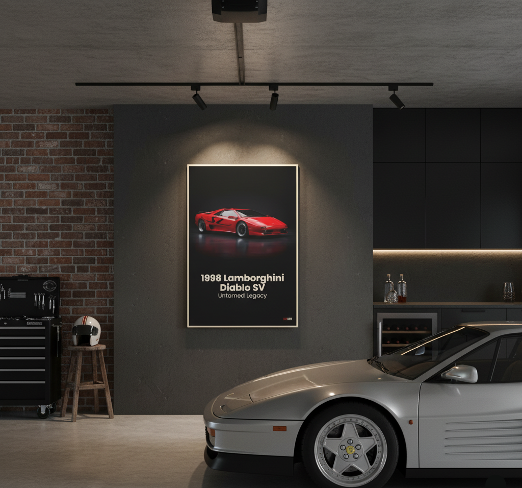 Car showroom with a Lamborghini poster on the wall