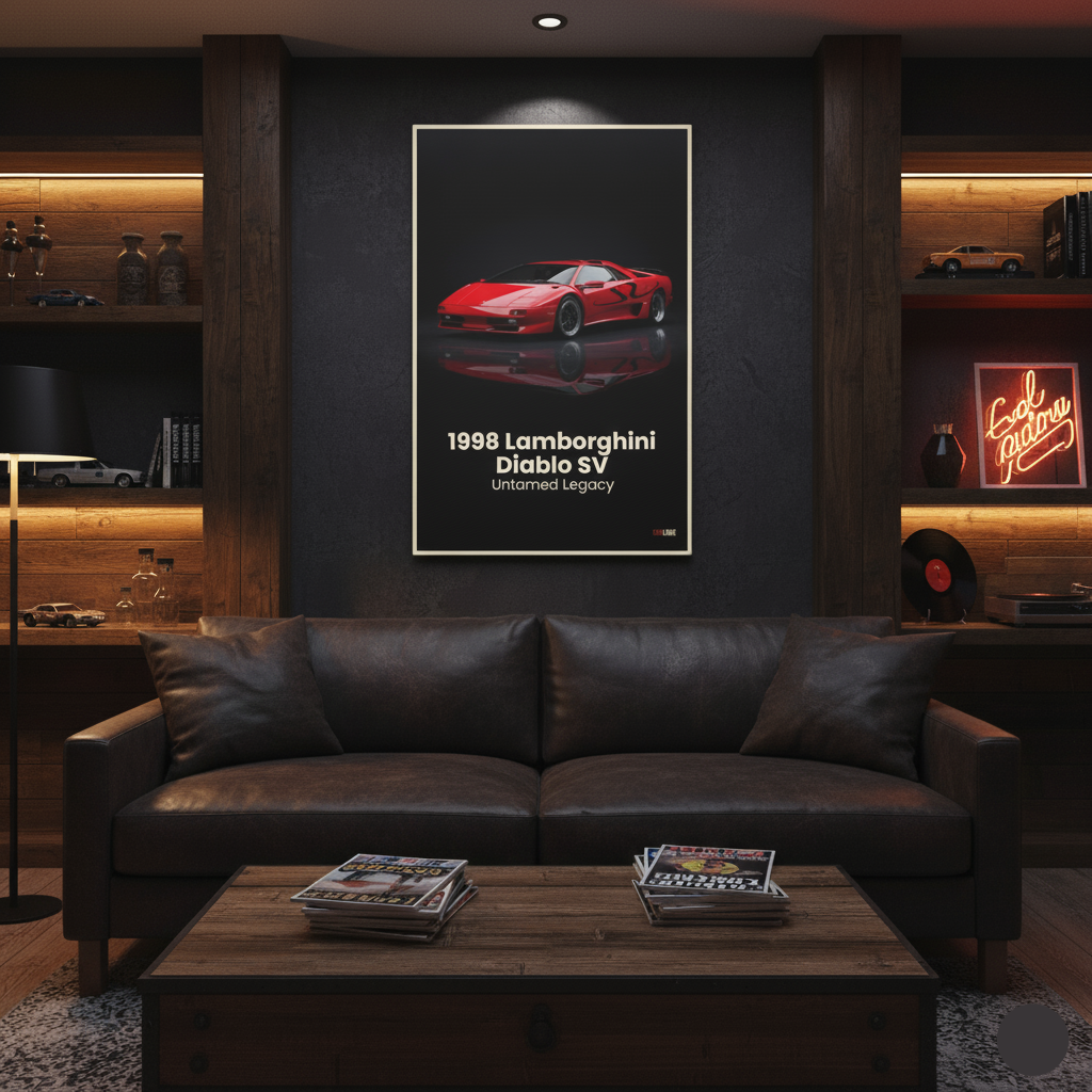 Living room with a brown leather sofa, wooden coffee table, and framed poster of a red Lamborghini on the wall.