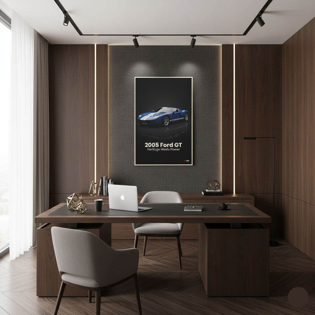 Modern office with a desk, chairs, and a framed picture of a 2005 Ford GT on the wall.