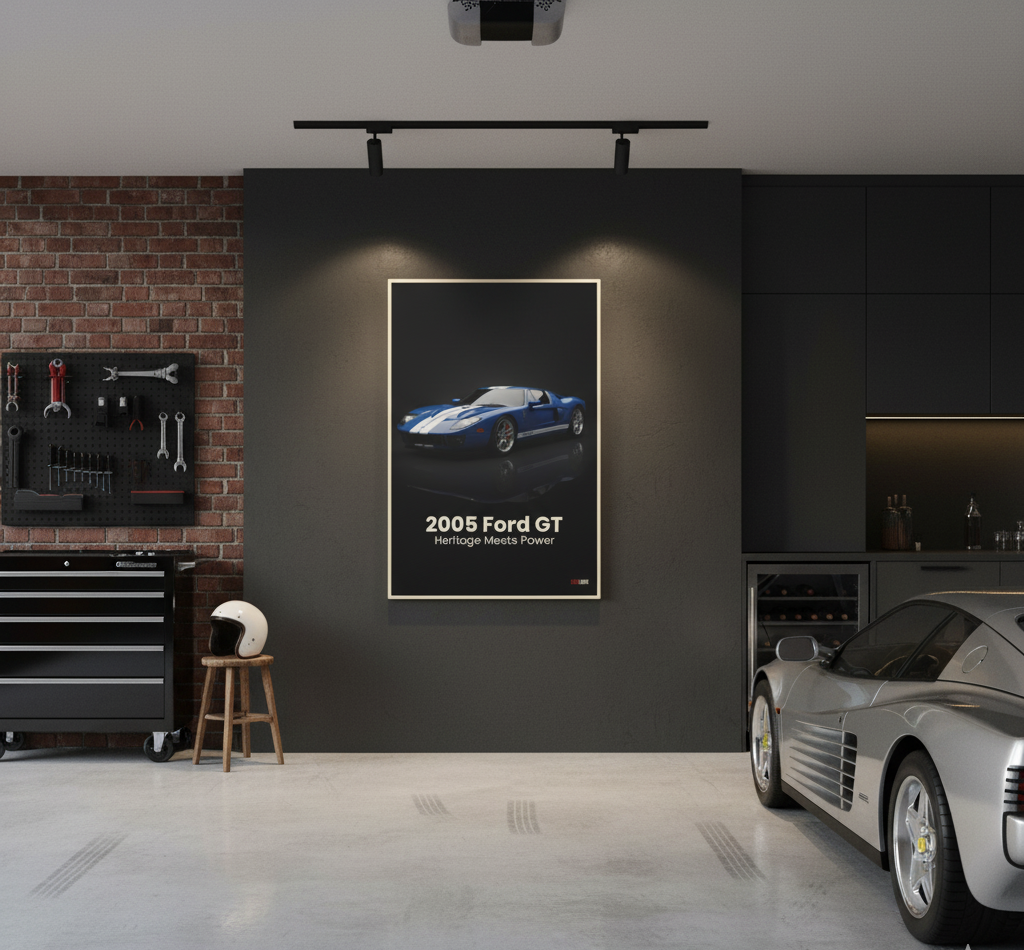 Modern garage interior with a 2005 Ford GT poster on the wall and a silver sports car.