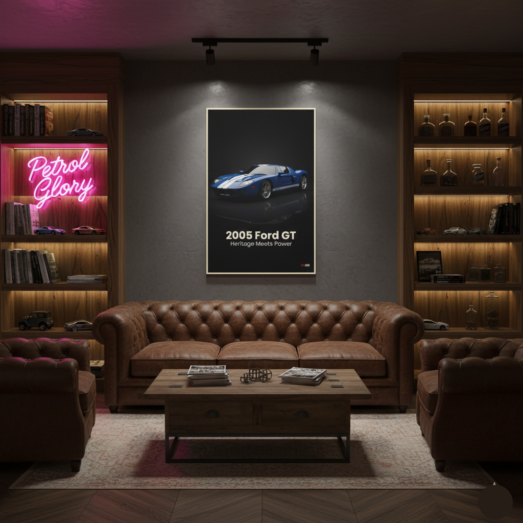 Living room with a brown leather sofa, wooden coffee table, and wall art of a 2005 Ford GT.