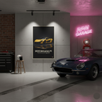 Modern garage interior with a 2020 McLaren poster, neon sign, and vintage car.