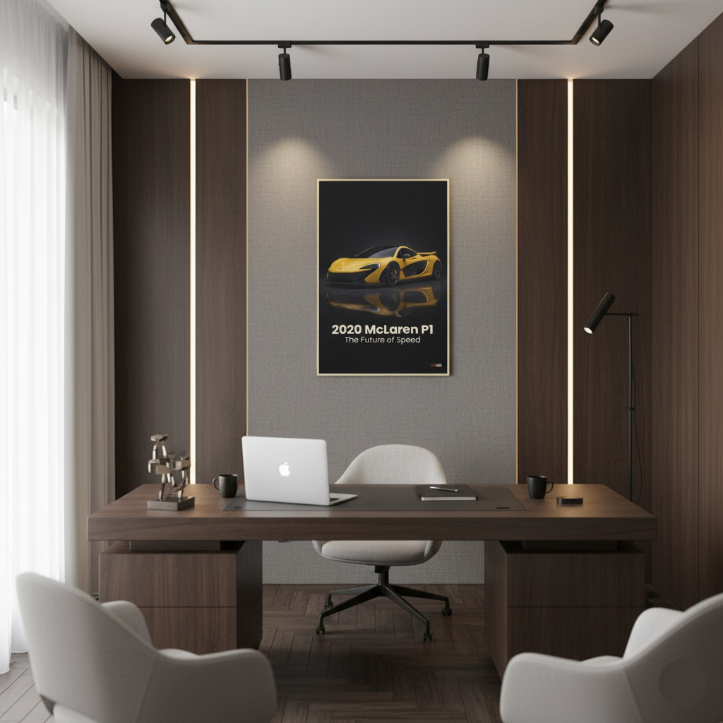 Modern office with a desk, chairs, and a framed picture of a yellow McLaren car on the wall.