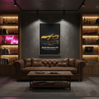 Modern living room with a brown leather sofa, coffee table, and wall art of a yellow McLaren car.