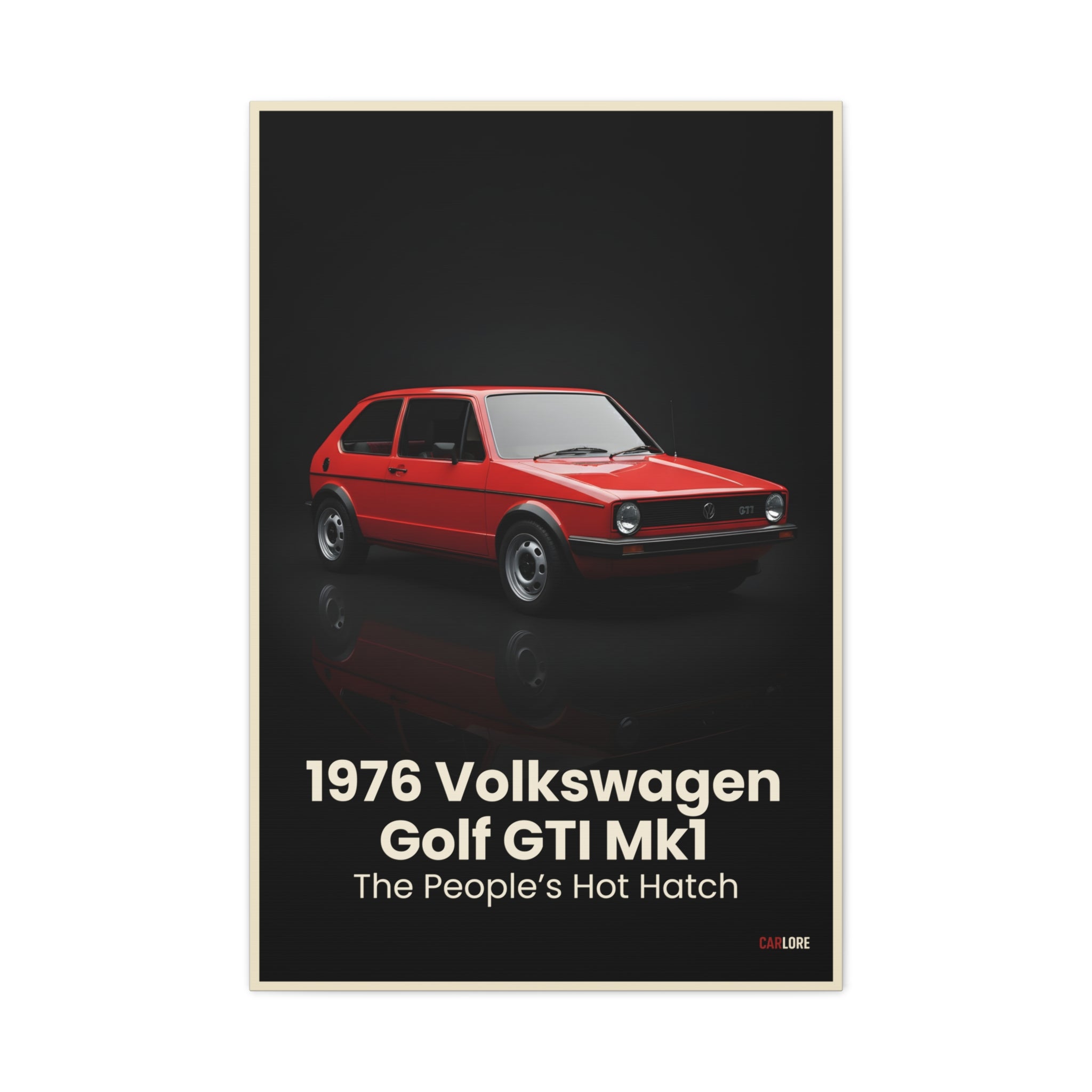 Poster of a red 1976 Volkswagen Golf GTI Mk1 on a black background