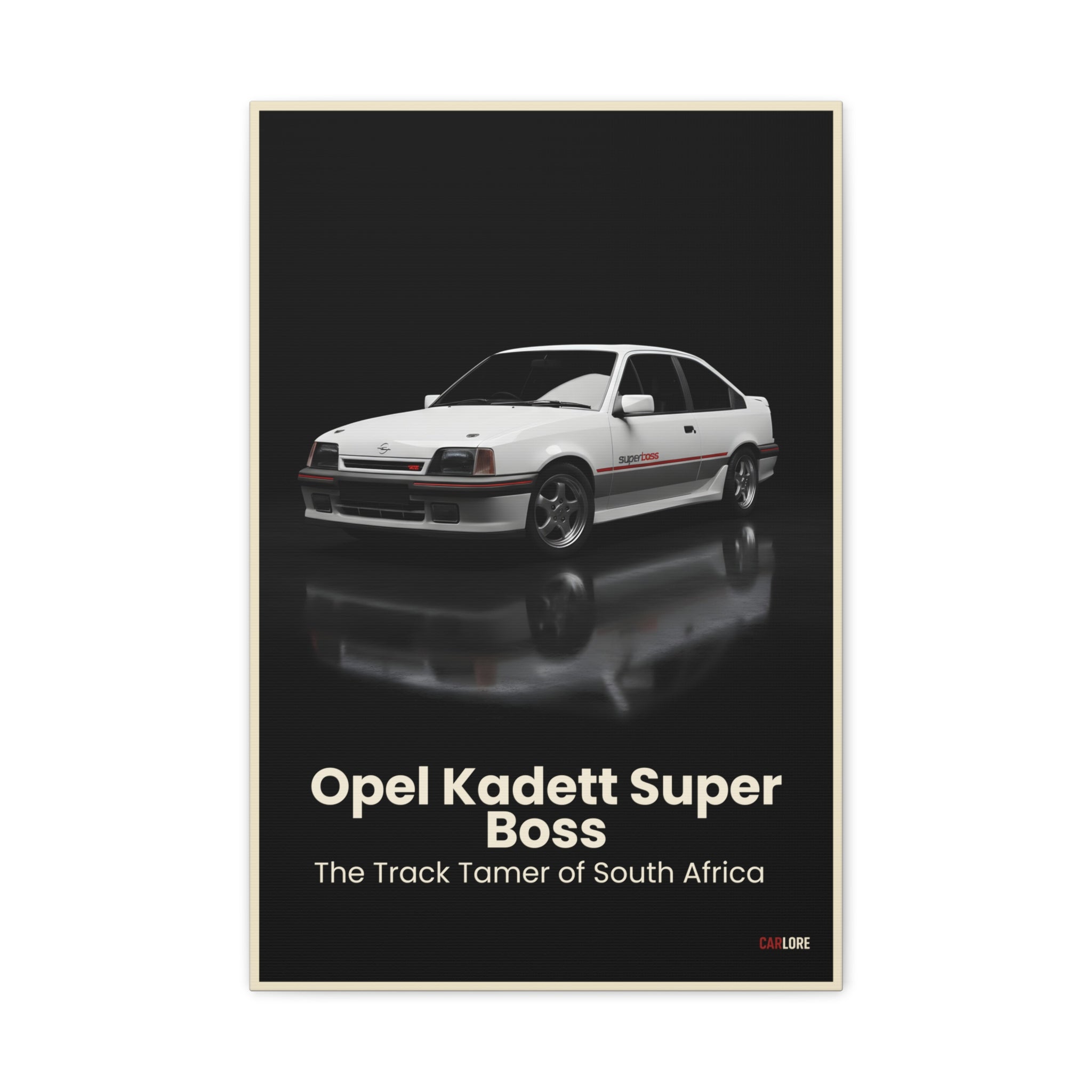 Poster of a white Opel Kadett Super Boss car on a black background with text.