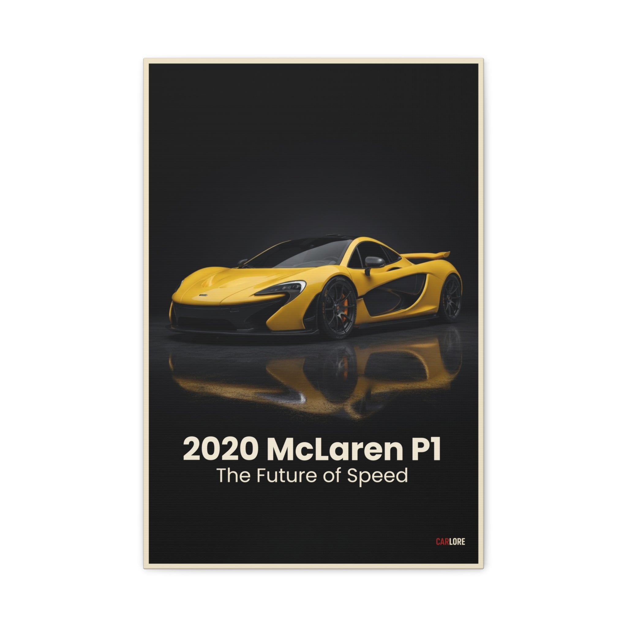 Framed poster of a yellow 2020 McLaren P1 on a black background