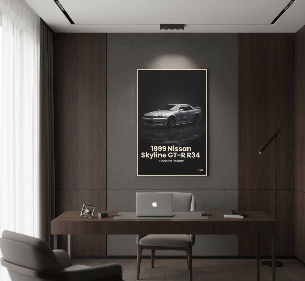Modern office interior with a desk, chair, and framed poster of a 1999 Nissan Skyline GT-R R34.