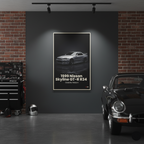 Poster of a 1999 Nissan Skyline GT-R R34 in a garage setting with a car and tools visible.
